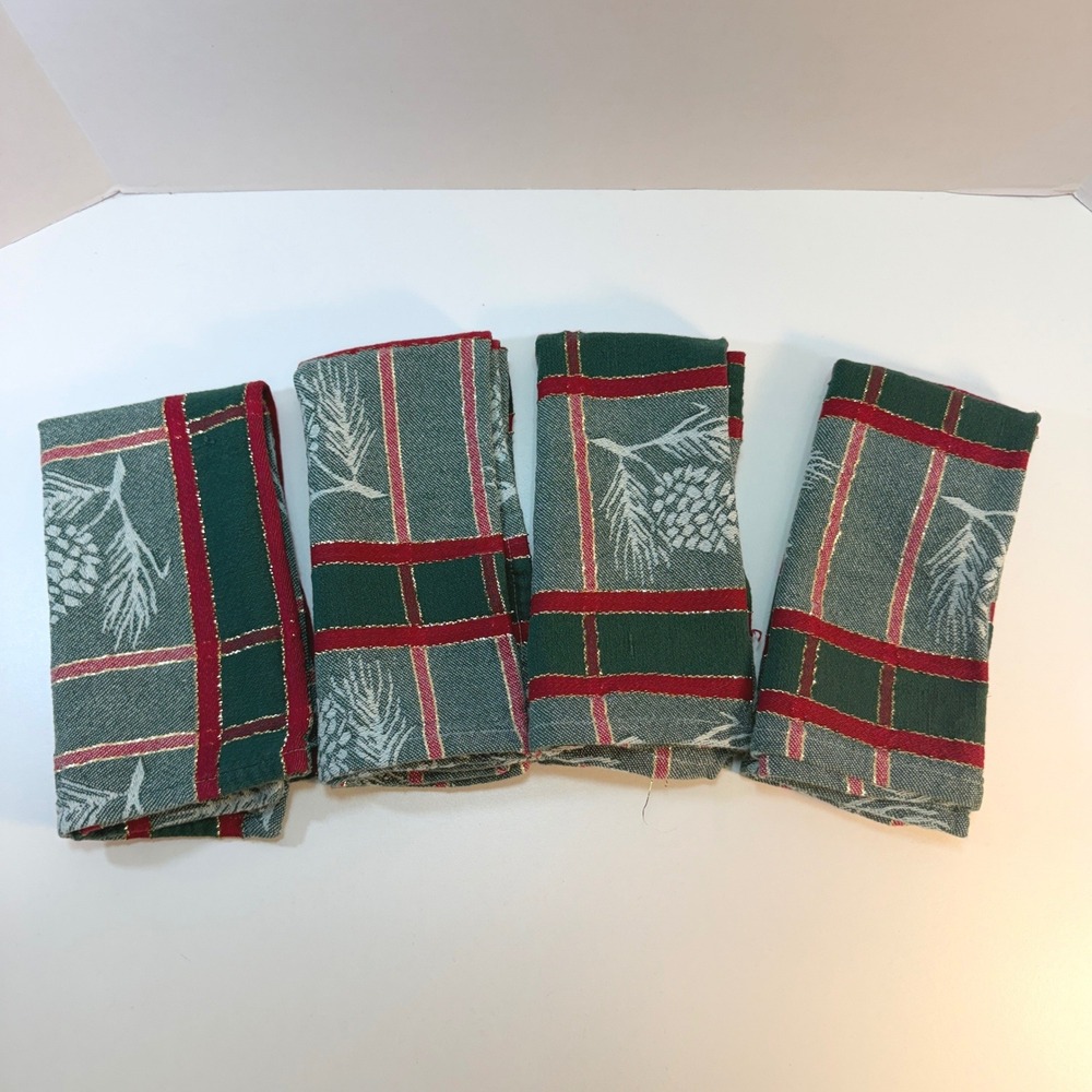 Cotton Park Cottage Napkins Set Of 4 Green Red Pinecone Plaid Lurex Christmas